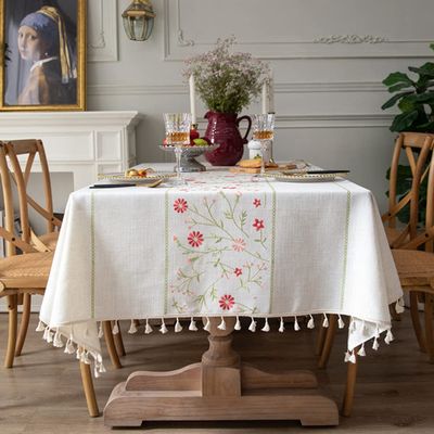 AMZALI Table Cloth Embroidery Floral Pattern Wrinkle Free Heavy Weight Cotton Linen Farmhouse Tablecloth Decorative Fabric Tassel Table Cover for Outdoor and Indoor Use (Rectangle,55 x 102 Inch)