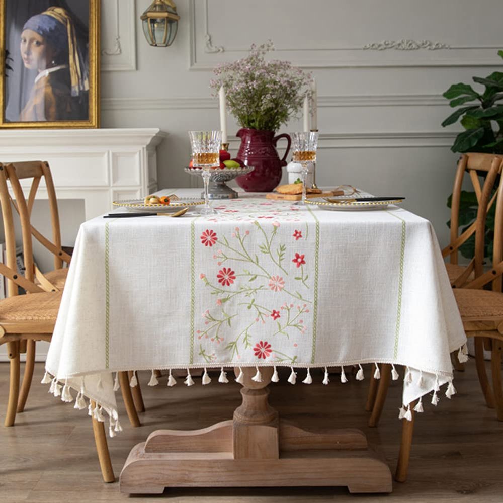 AMZALI Table Cloth Embroidery Floral Pattern Wrinkle Free Heavy Weight Cotton Linen Farmhouse Tablecloth Decorative Fabric Tassel Table Cover for Outdoor and Indoor Use (Rectangle,55 x 102 Inch)