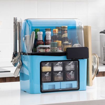 Multi-Functional Kitchen Spice Box, for Spice Storage, Standing Spice Rack with Mobile Phone Holder, Drawer Type, Condiment Jar Set,Blue