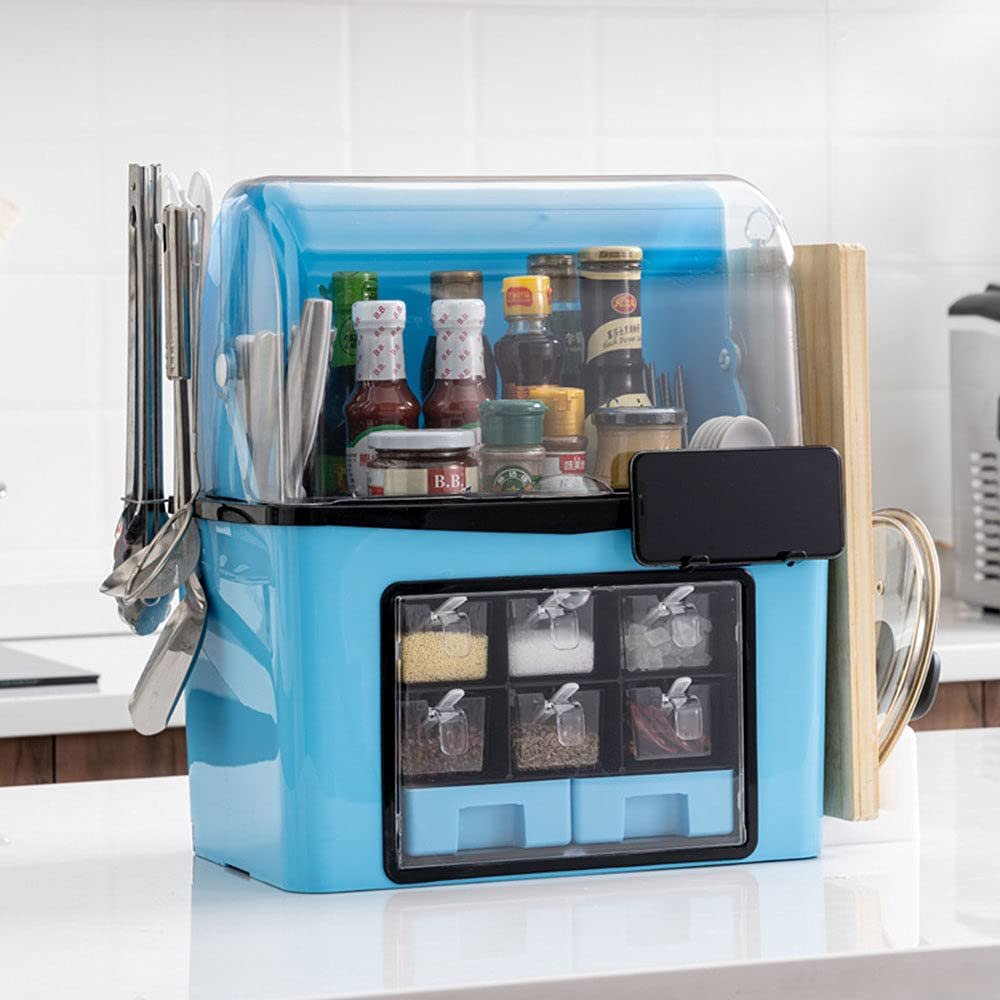 Multi-Functional Kitchen Spice Box, for Spice Storage, Standing Spice Rack with Mobile Phone Holder, Drawer Type, Condiment Jar Set,Blue