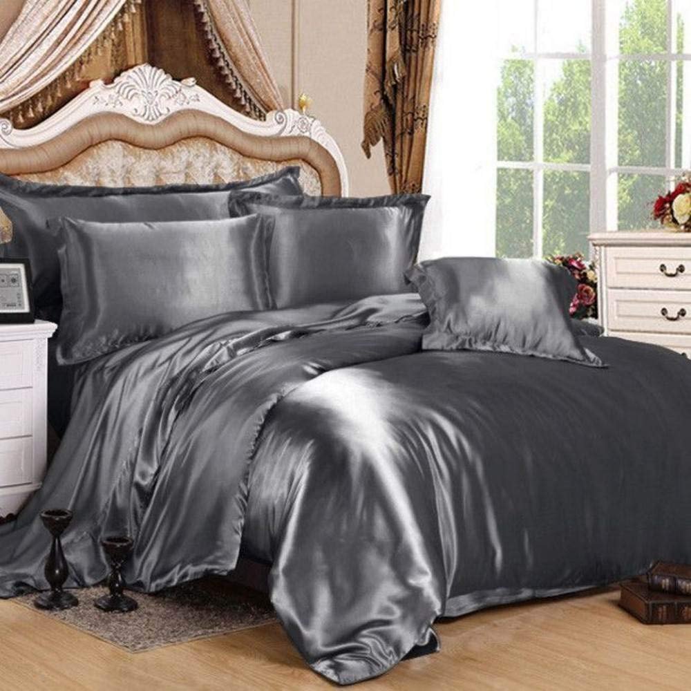 Satin Silk Luxurious Ultra Soft Satin 4 Piece Duvet Set (Duvet Cover + Fitted Sheet 18 Inches Deep Pocket + 2 Pillow Cases) Hotel Quality Premium Durable Satin Zipper Closure Dark Gray, Twin