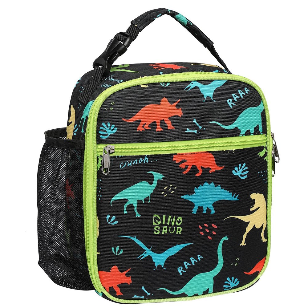 Bagseri Kids Lunch Box for Boys - Insulated Toddler Lunch Bag Fits Bento Box, Reusable Daycare Cooler Tote with Clip Handle, Water-Resistant Lining, Black Dinosaur