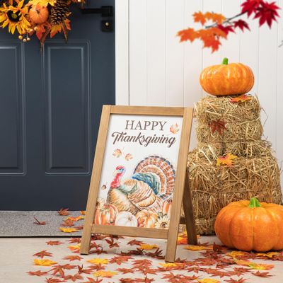 Glitzhome Thanksgiving A-Frame Free Standing Easel Sign, Decorative Slide in Turkey Pumpkin Welcome Sign for Autumn, Rustic Happy Thanksgiving Fall Harvest Hanging Decor for Wall Front Door, 24H
