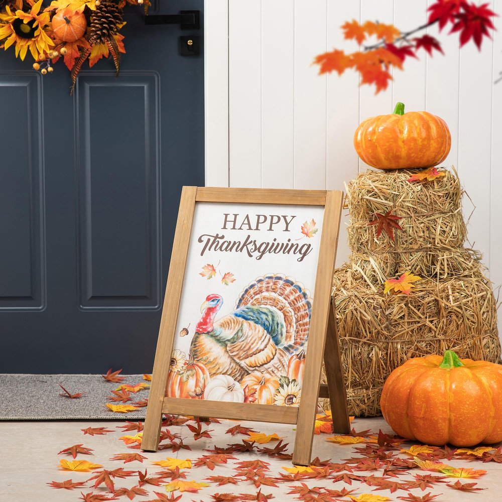 Glitzhome Thanksgiving A-Frame Free Standing Easel Sign, Decorative Slide in Turkey Pumpkin Welcome Sign for Autumn, Rustic Happy Thanksgiving Fall Harvest Hanging Decor for Wall Front Door, 24H