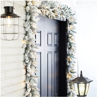 Glitzhome 2PK 9ft Christmas Garlands for Mantle, Prelit Snow Flocked Christmas Garlands with Warm White LED Light and Timer for Christmas Table Wall Fireplace Mantle Holiday Party Decorations