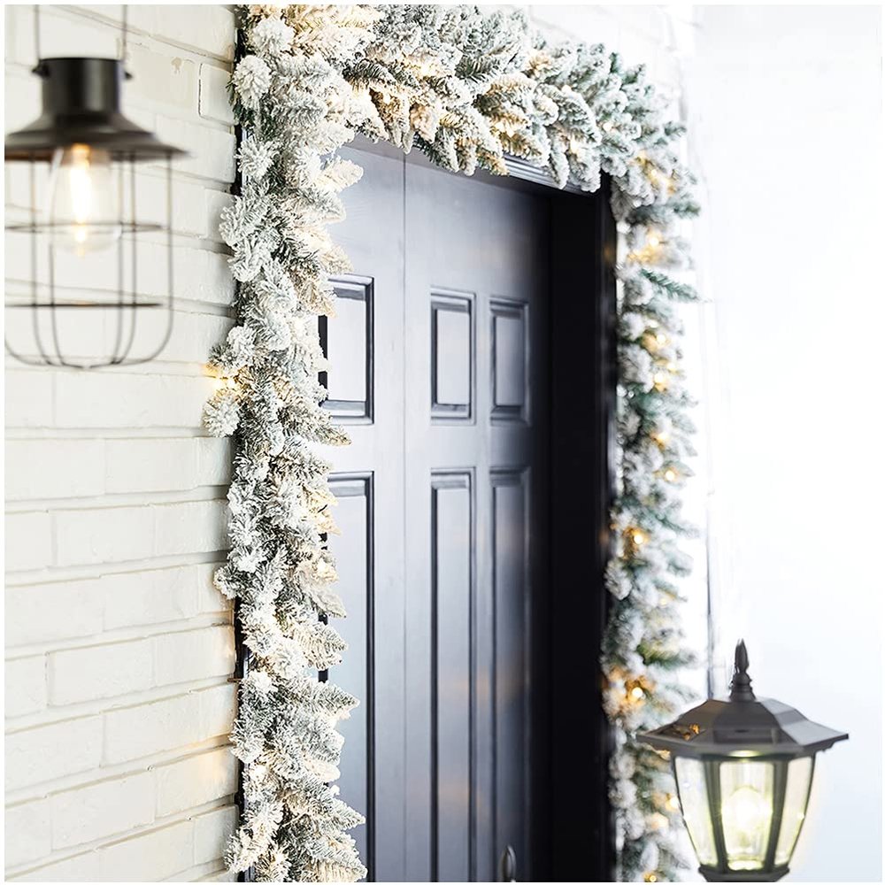 Glitzhome 2PK 9ft Christmas Garlands for Mantle, Prelit Snow Flocked Christmas Garlands with Warm White LED Light and Timer for Christmas Table Wall Fireplace Mantle Holiday Party Decorations