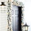 Glitzhome 2PK 9ft Christmas Garlands for Mantle, Prelit Snow Flocked Christmas Garlands with Warm White LED Light and Timer for Christmas Table Wall Fireplace Mantle Holiday Party Decorations view 1