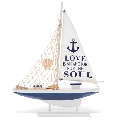 CoTa Global Ocean Blue Sailboat Decor  Handmade Wooden Boat Decor, Cute Beach Style Model Sail Boat Decorations, Nautical Themed Table Top Decor Living Room Centerpiece - 14 Inch