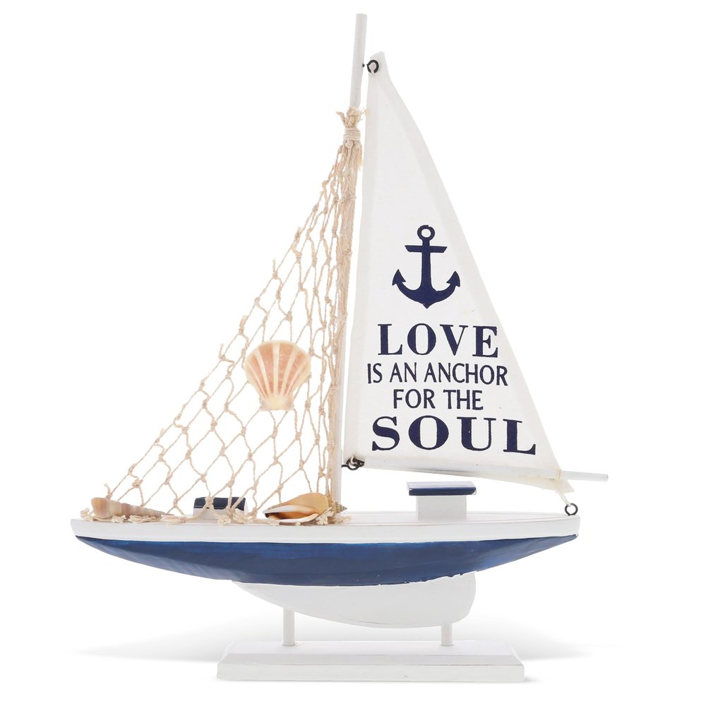 CoTa Global Ocean Blue Sailboat Decor Handmade Wooden Boat Decor, Cute Beach Style Model Sail Boat Decorations, Nautical Themed Table Top Decor Living Room Centerpiece - 14 Inch