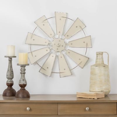 Glitzhome Farmhouse Galvanized Metal Windmill Wall Sculpture Rustic Art Home Decor, 22 Inch, Beige