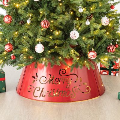 Glitzhome Lighted Diecut Metal Christmas Tree Collar, 26" D, Red
