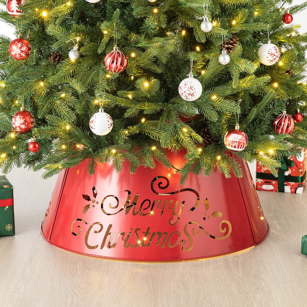 Glitzhome Lighted Diecut Metal Christmas Tree Collar, 26" D, Red