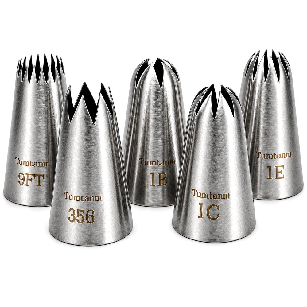 Tumtanm 5 Pack Extra Large Piping Nozzles, 9FT 1B 1C 1E 356# Seamless Stainless Steel Piping Icing Tips for Cupcake