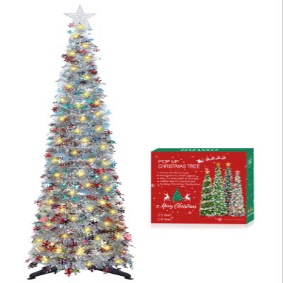 HMASYO 5 FT Pop Up Christmas Tree with Timer Lights, Colored Silver Tinsel Snowflake Christmas Tree, Collapsible Artificial Pencil Tree Xmas Decoration for Home, Office, Party, Easy Assembly