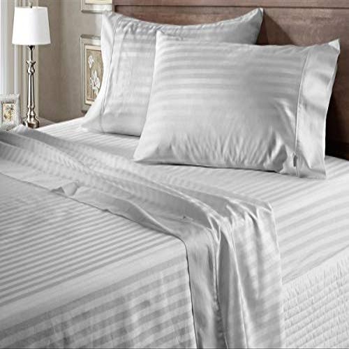 100% Organic Cotton Rich Heavy 1500-TC Percale Weave 4-PCs Sheet Set Fits Mattress 15-18'' Fully Elastic Deep Pocket (Grand King Size) (Stripe, Silver Grey)