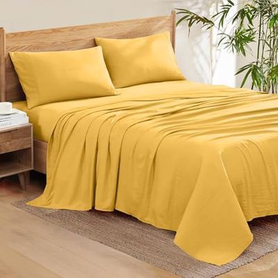 100% Organic Cotton Rich Heavy 1500-TC Percale Weave 4-PCs Sheet Set Fits Mattress 15-18'' Fully Elastic Deep Pocket (Grand King Size) (Solid, Gold)