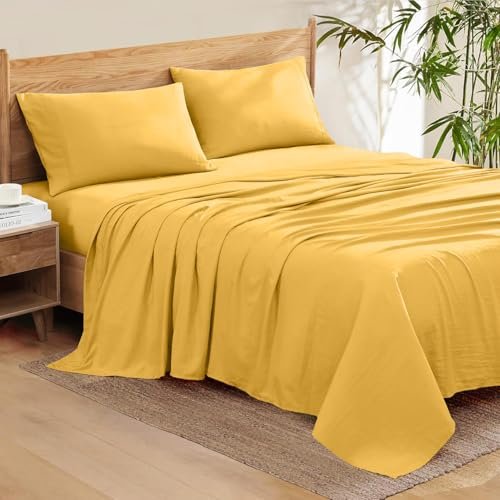 100% Organic Cotton Rich Heavy 1500-TC Percale Weave 4-PCs Sheet Set Fits Mattress 15-18'' Fully Elastic Deep Pocket (Grand King Size) (Solid, Gold)