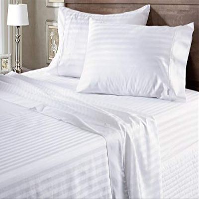100% Organic Cotton Rich Heavy 1500-TC Percale Weave 4-PCs Sheet Set Fits Mattress 15-18'' Fully Elastic Deep Pocket (Grand King Size) (Stripe, White)
