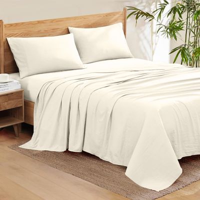 100% Organic Cotton Rich Heavy 1500-TC Percale Weave 4-PCs Sheet Set Fits Mattress 15-18'' Fully Elastic Deep Pocket (Grand King Size) (Solid, Ivory)