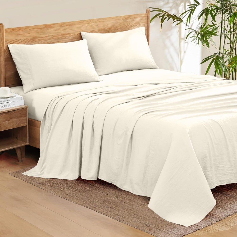 100% Organic Cotton Rich Heavy 1500-TC Percale Weave 4-PCs Sheet Set Fits Mattress 15-18'' Fully Elastic Deep Pocket (Grand King Size) (Solid, Ivory)