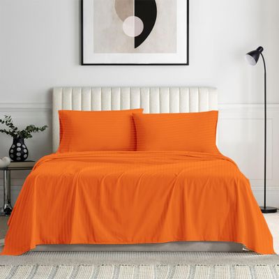 100% Organic Cotton Rich Heavy 1500-TC Percale Weave 4-PCs Sheet Set Fits Mattress 15-18'' Fully Elastic Deep Pocket (Grand King Size) (Stripe, Orange)
