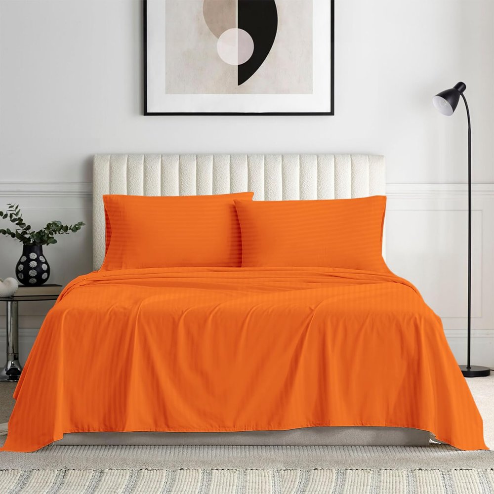 100% Organic Cotton Rich Heavy 1500-TC Percale Weave 4-PCs Sheet Set Fits Mattress 15-18'' Fully Elastic Deep Pocket (Grand King Size) (Stripe, Orange)