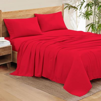 100% Organic Cotton Rich Heavy 1500-TC Percale Weave 4-PCs Sheet Set Fits Mattress 15-18'' Fully Elastic Deep Pocket (Grand King Size) (Solid, Red)