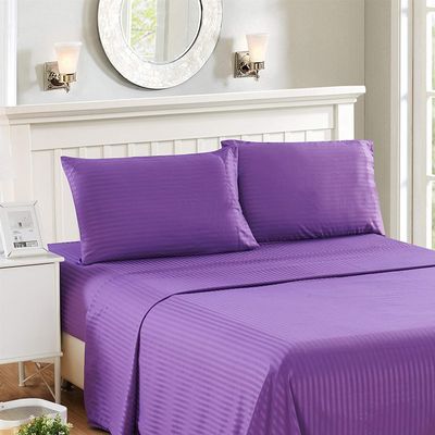 100% Organic Cotton Rich Heavy 1500-TC Percale Weave 4-PCs Sheet Set Fits Mattress 15-18'' Fully Elastic Deep Pocket (Grand King Size) (Stripe, Purple)