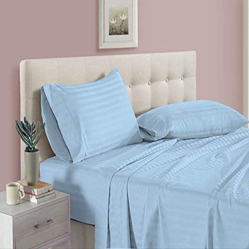 100% Organic Cotton Rich Heavy 1500-TC Percale Weave 4-PCs Sheet Set Fits Mattress 15-18'' Fully Elastic Deep Pocket (Emperor Size) (Stripe, Light Blue)