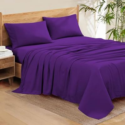 100% Organic Cotton Rich Heavy 1500-TC Percale Weave 4-PCs Sheet Set Fits Mattress 15-18'' Fully Elastic Deep Pocket (Grand King Size) (Solid, Purple)