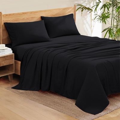 100% Organic Cotton Rich Heavy 1500-TC Percale Weave 4-PCs Sheet Set Fits Mattress 15-18'' Fully Elastic Deep Pocket (Grand King Size) (Solid, Black)