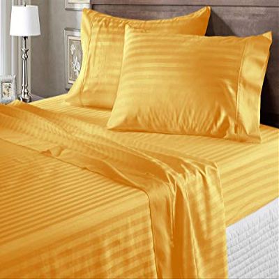 100% Organic Cotton Rich Heavy 1500-TC Percale Weave 4-PCs Sheet Set Fits Mattress 15-18'' Fully Elastic Deep Pocket (Emperor Size) (Stripe, Gold)