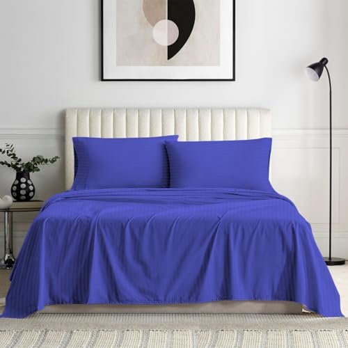 100% Organic Cotton Rich Heavy 1500-TC Percale Weave 4-PCs Sheet Set Fits Mattress 16-20'' Fully Elastic Deep Pocket (Queen Size) (Stripe, Royal Blue)