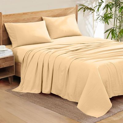 100% Organic Cotton Rich Heavy 1500-TC Percale Weave 4-PCs Sheet Set Fits Mattress 15-18'' Fully Elastic Deep Pocket (Grand King Size) (Solid, Beige)
