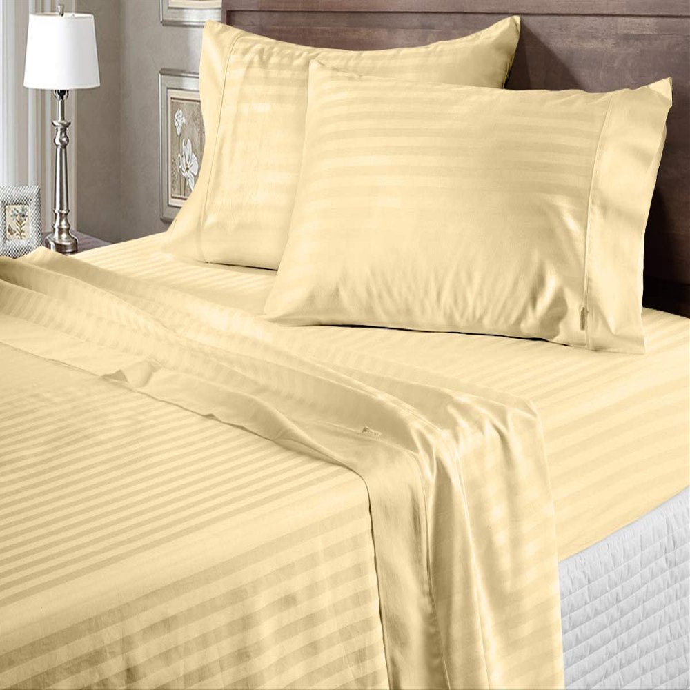 100% Organic Cotton Rich Heavy 1500-TC Percale Weave 4-PCs Sheet Set Fits Mattress 15-18'' Fully Elastic Deep Pocket (Grand King Size) (Stripe, Beige)