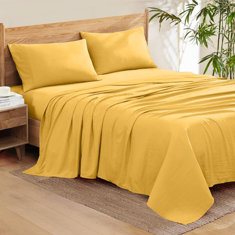 100% Organic Cotton Rich Heavy 1500-TC Percale Weave 4-PCs Sheet Set Fits Mattress 15-18'' Fully Elastic Deep Pocket (Emperor Size) (Solid, Gold)