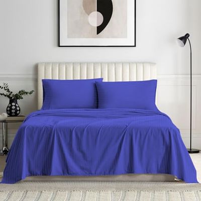 100% Organic Cotton Rich Heavy 1500-TC Percale Weave 4-PCs Sheet Set Fits Mattress 15-18'' Fully Elastic Deep Pocket (Emperor Size) (Stripe, Royal Blue)