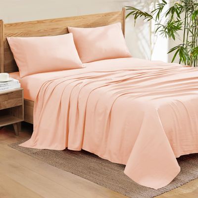 100% Organic Cotton Rich Heavy 1500-TC Percale Weave 4-PCs Sheet Set Fits Mattress 15-18'' Fully Elastic Deep Pocket (Emperor Size) (Solid, Peach)