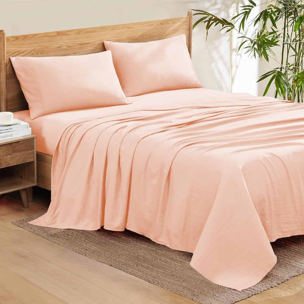 100% Organic Cotton Rich Heavy 1500-TC Percale Weave 4-PCs Sheet Set Fits Mattress 15-18'' Fully Elastic Deep Pocket (Emperor Size) (Solid, Peach)