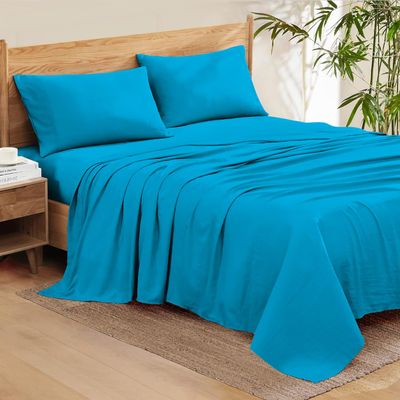 100% Organic Cotton Rich Heavy 1500-TC Percale Weave 4-PCs Sheet Set Fits Mattress 15-18'' Fully Elastic Deep Pocket (Grand King Size) (Solid, Turquoise)