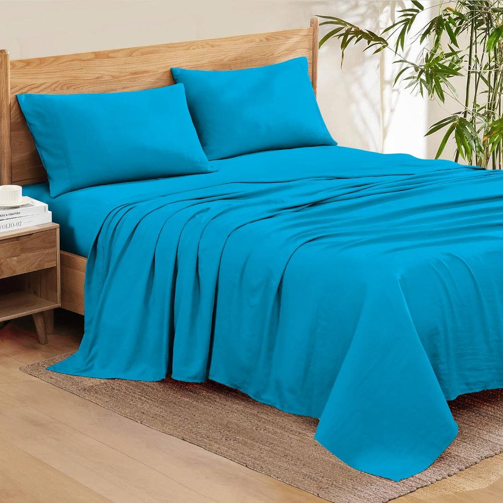 100% Organic Cotton Rich Heavy 1500-TC Percale Weave 4-PCs Sheet Set Fits Mattress 15-18'' Fully Elastic Deep Pocket (Grand King Size) (Solid, Turquoise)