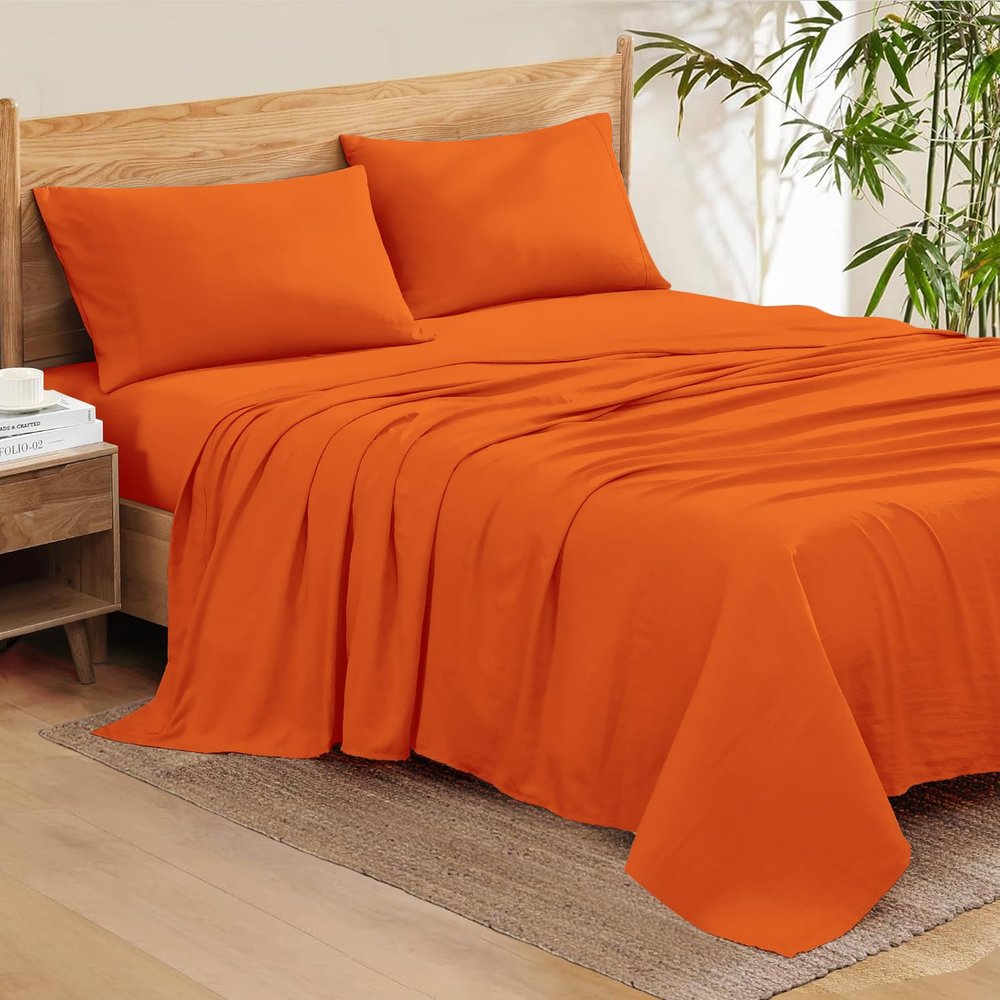 100% Organic Cotton Rich Heavy 1500-TC Percale Weave 4-PCs Sheet Set Fits Mattress 16-20'' Fully Elastic Deep Pocket (Grand King Size) (Solid, Orange)