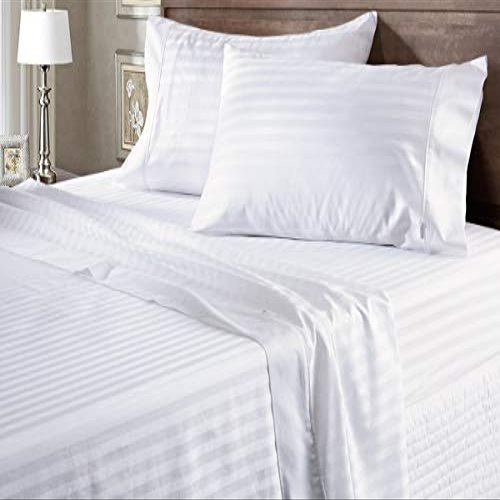 100% Organic Cotton Rich Heavy 1500-TC Percale Weave 4-PCs Sheet Set Fits Mattress 15-18'' Fully Elastic Deep Pocket (Emperor Size) (Stripe, White)