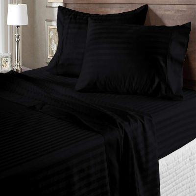 100% Organic Cotton Rich Heavy 1500-TC Percale Weave 4-PCs Sheet Set Fits Mattress 15-18'' Fully Elastic Deep Pocket (Grand King Size) (Stripe, Black)