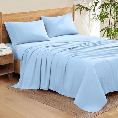 100% Organic Cotton Rich Heavy 1500-TC Percale Weave 4-PCs Sheet Set Fits Mattress 15-18'' Fully Elastic Deep Pocket (Grand King Size) (Solid, Light Blue)