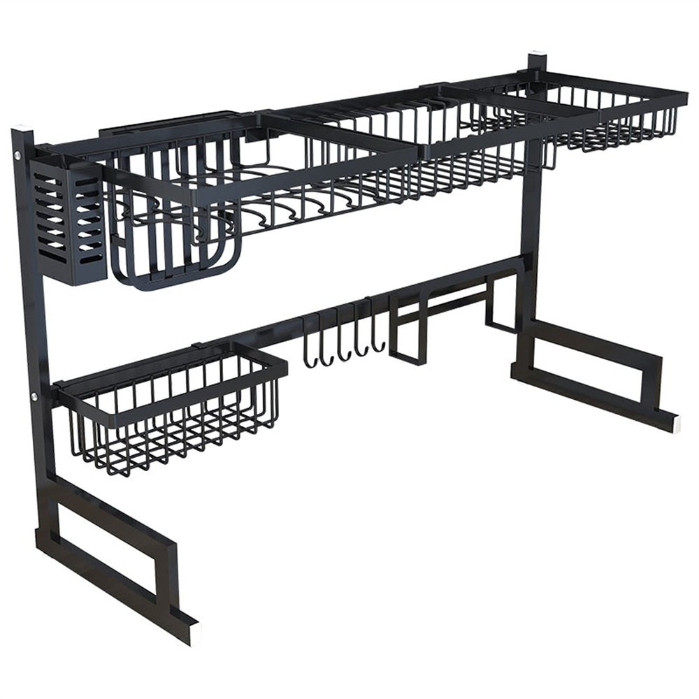 Drain Rack On The Sink Dish Rack Dish Drying Rack Stainless Steel Saves Space 2-layer Large Cutlery Rack Kitchen Counter Organization  33.5 Inches (black) DXY