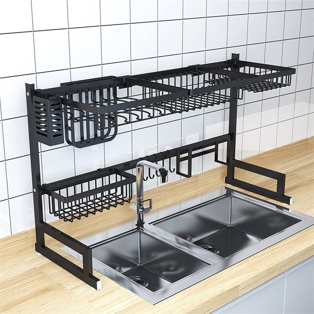 Dish Drying Rack And Drain Rack Above The Sink. Kitchen Dish Rack. Cutlery Rack. 2-layer Stainless Steel. Expandable Kitchen Organization. Space Saving. Black (33 40 Inches) DXY