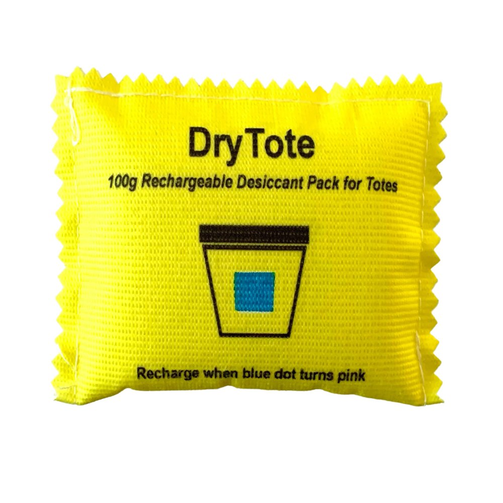 DryTote Rechargeable Desiccant Pack, Color Indicating Silica Gel Moisture Absorber for Storage Bins, Totes, Suitcases & 3D Printer Filament, 100g