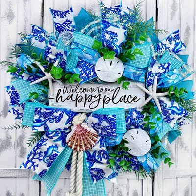 Artisan Turquoise and Cream Welcome to our happy place Beach, Coastal, Tropical Wreath Made with Beautiful High Quality Poly Deco Check Mesh