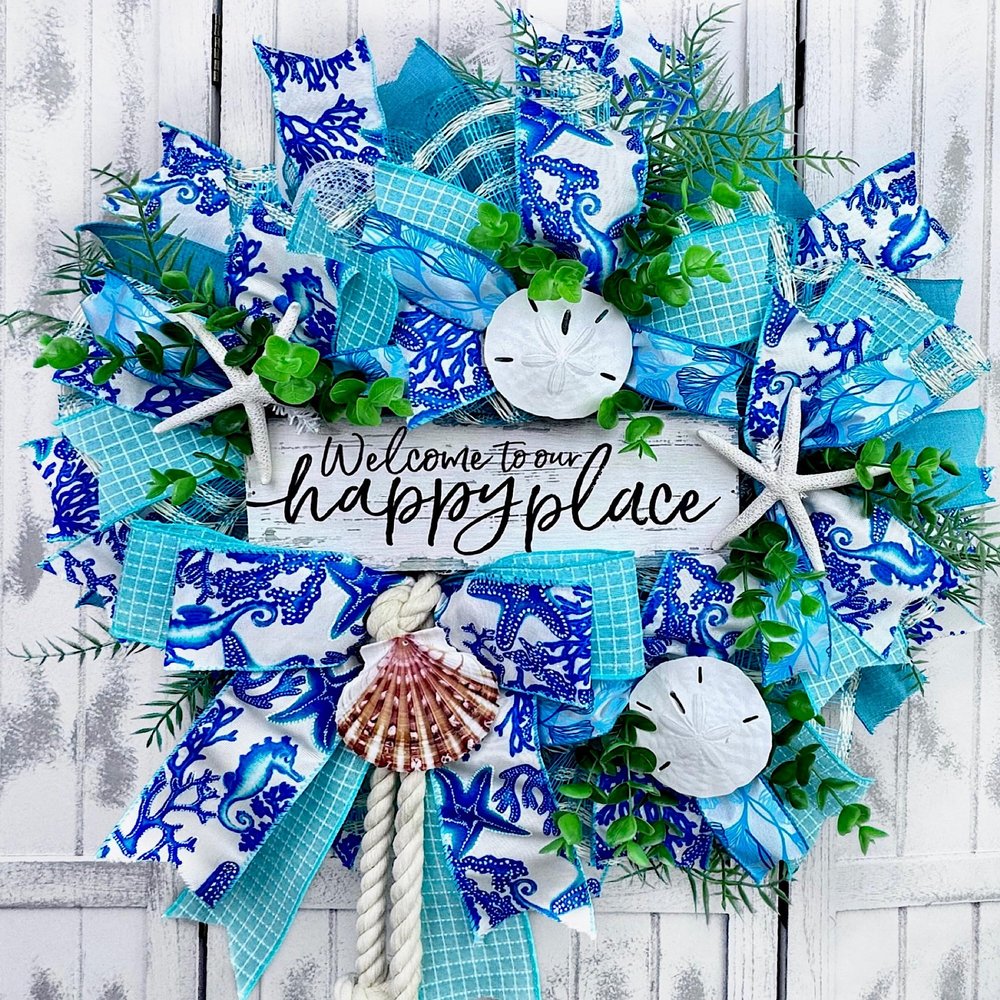 Artisan Turquoise and Cream Welcome to our happy place Beach, Coastal, Tropical Wreath Made with Beautiful High Quality Poly Deco Check Mesh